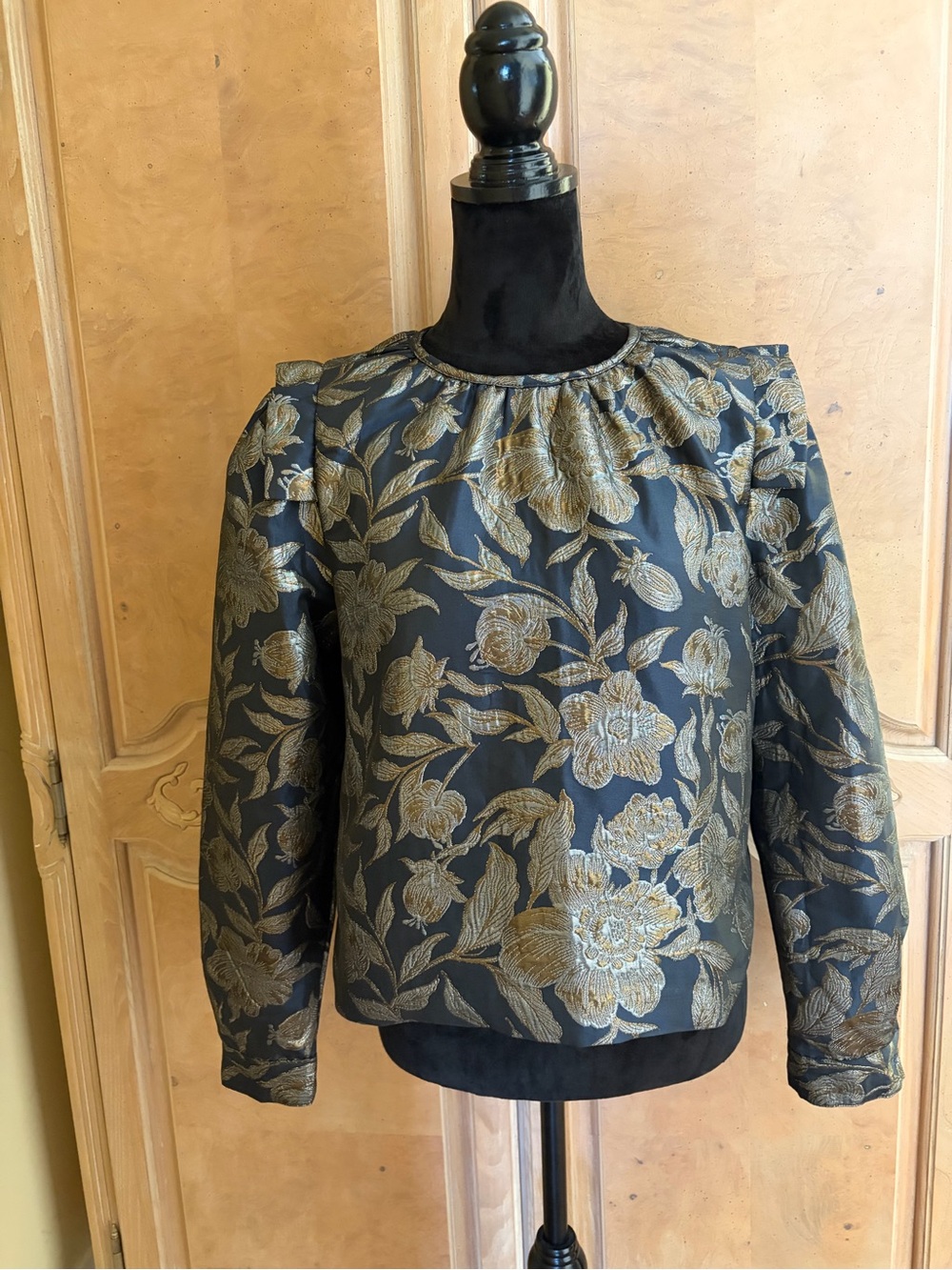 Walter Baker Blue and Gold Floral Brocade Blouse